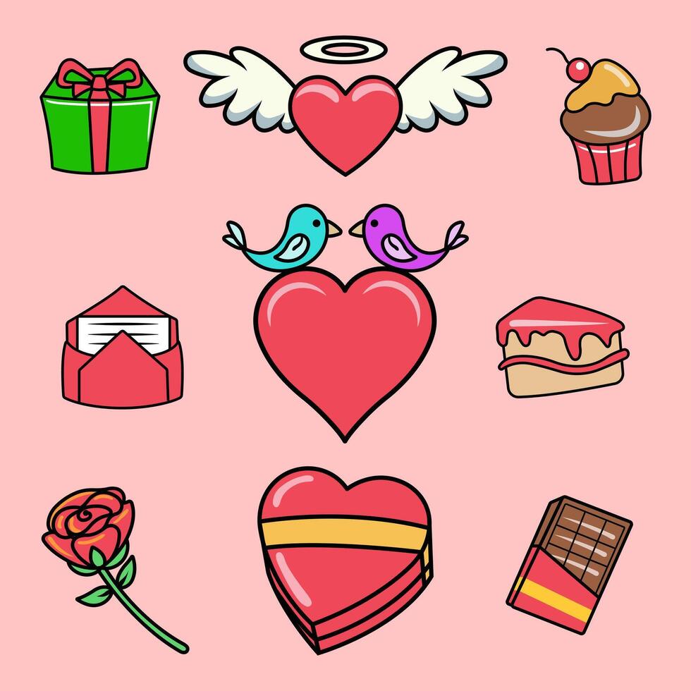 Set of Valentine's Day Clip Art Cartoon in Retro 70s Illustration vector
