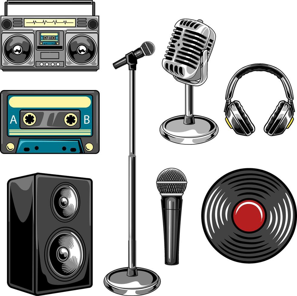 Set of Radio, Microphone, Headphones, Casette, Vinyl, Speaker, and Music Festival Elements Illustration vector