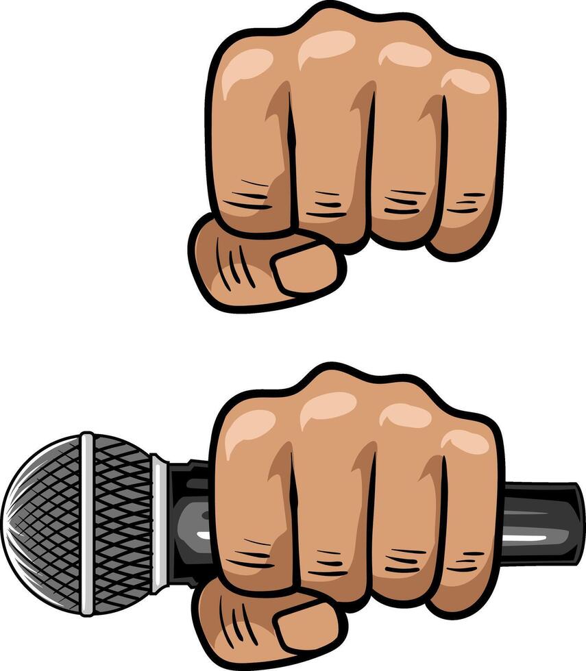 Human fist hand gesture with microphone for music emblem in cartoon illustration vector