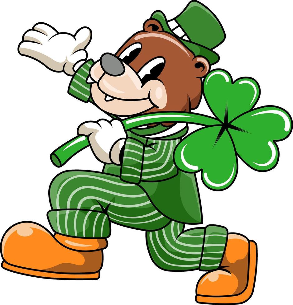 Saint Patrick's Day Bear Walking Cartoon Character in Retro Illustration vector