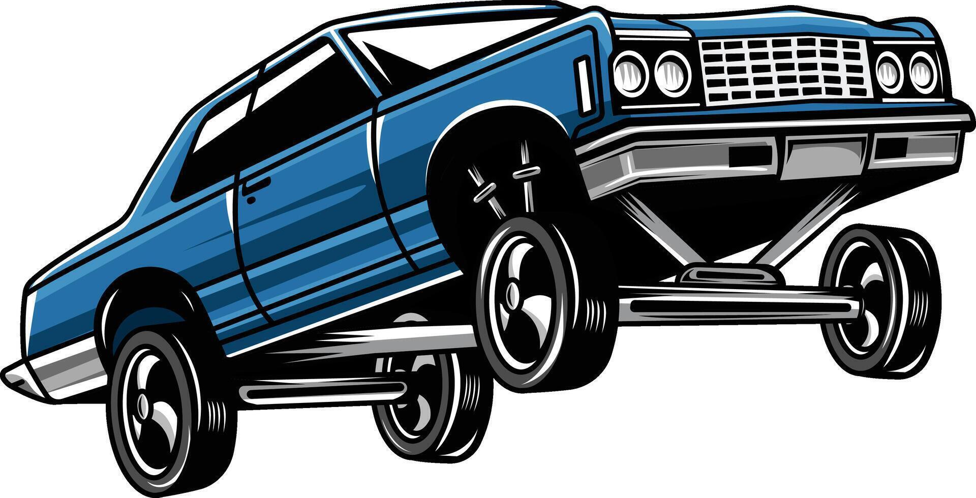 Retro American Blue Lowrider Muscle Bouncing Car Cartoon Illustration vector