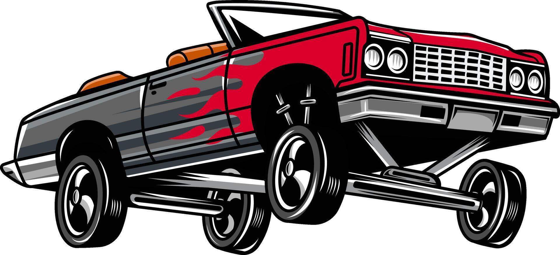 Retro American Lowrider Muscle Bouncing Car Cartoon Illustration vector