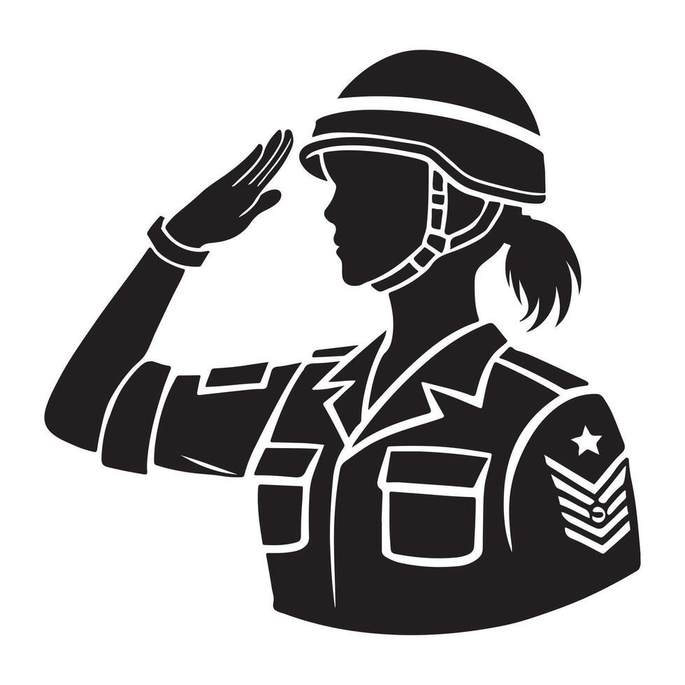 Silhouette of a Female Soldier in Helmet Saluting vector