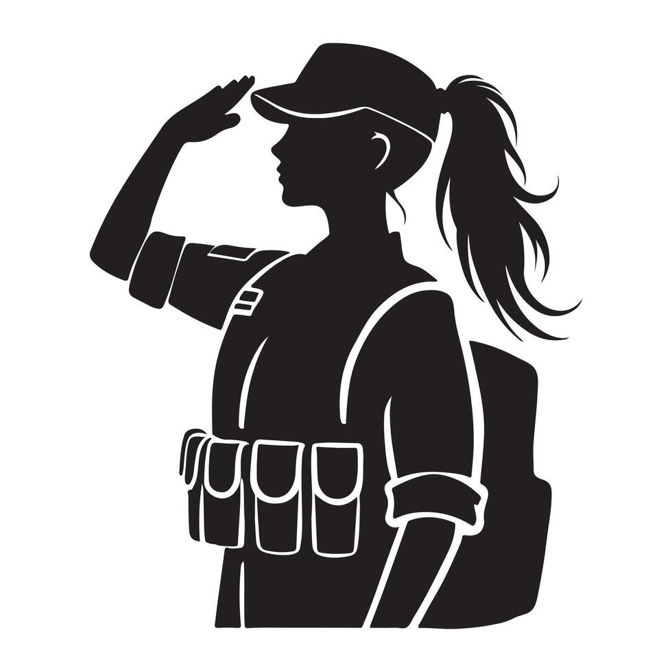Silhouette of a Female Soldier with Backpack Saluting vector