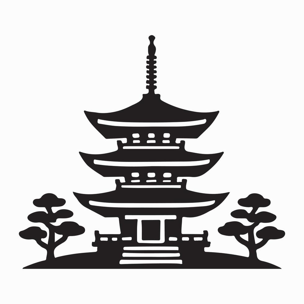 Japanese Pagoda with Trees Silhouette Illustration vector
