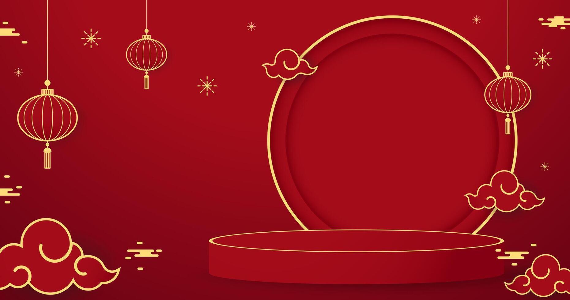 Podium round stage Chinese style, for Chinese new year and festivals. Happy Chinese new year 2025. Chinese new year banner with circle for show product. Greeting card. China frame with lantern on red. vector