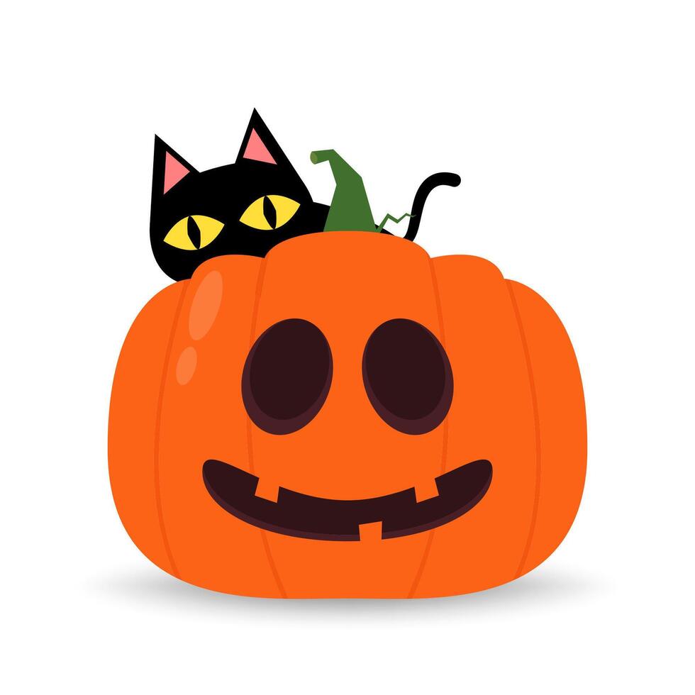 Cute black cat and Pumpkin head in Halloween day. Happy halloween greeting card with monster pumpkin and black cat. Holidays cartoon character. vector