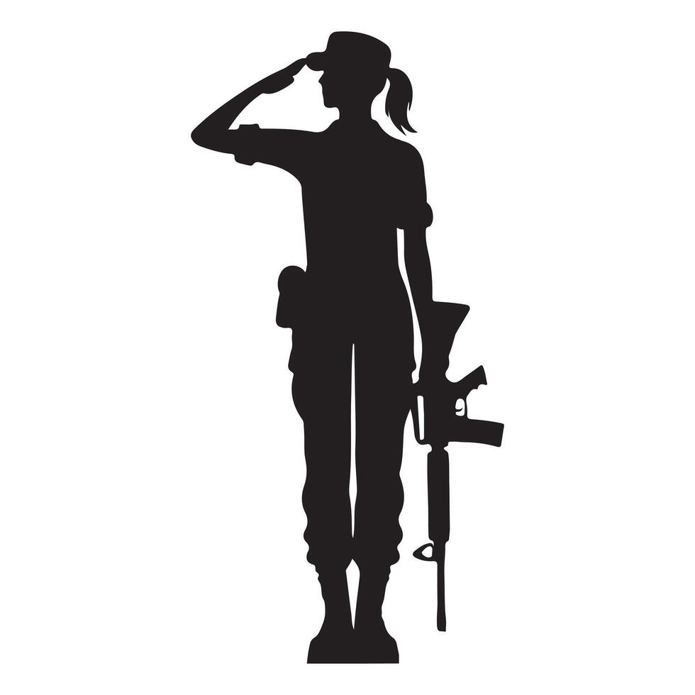 Silhouette of a Female Soldier Saluting with Rifle vector