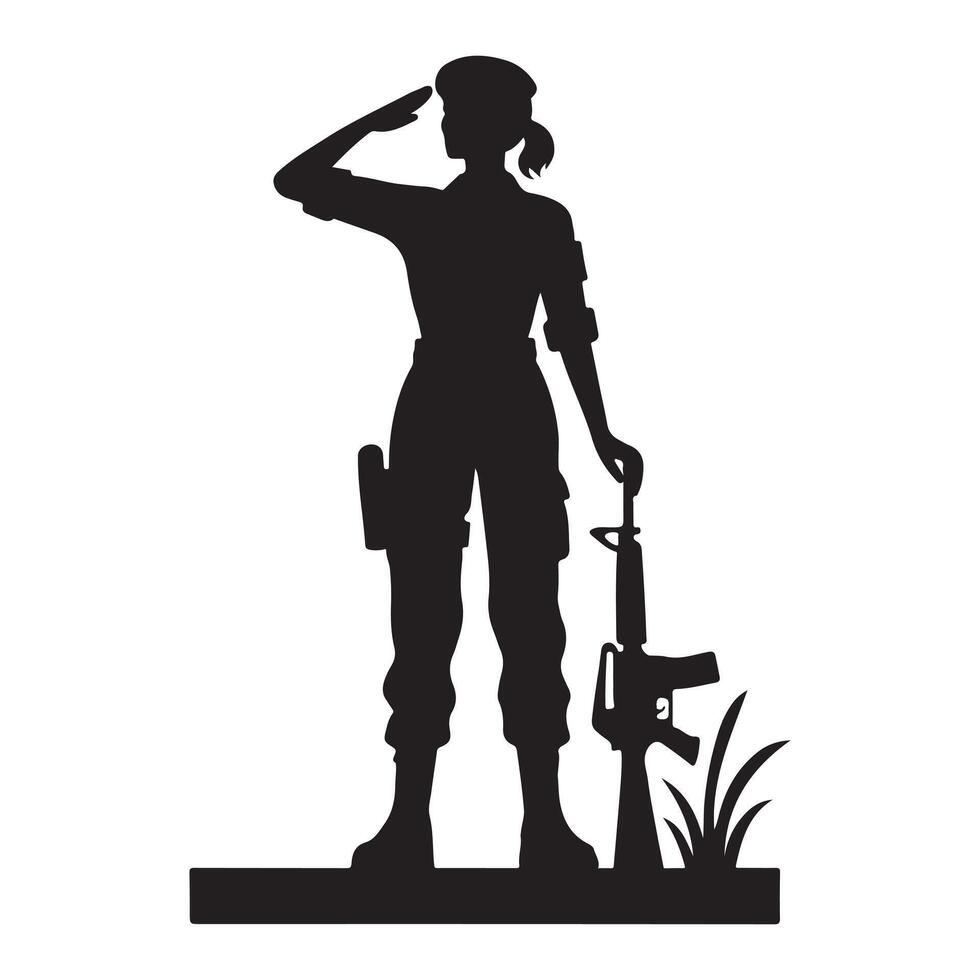 Silhouette of a Female Soldier Saluting with Rifle and Grass vector