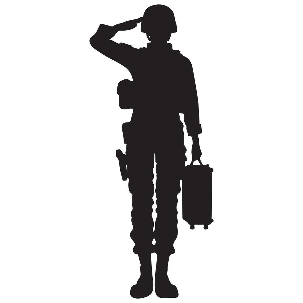 Silhouette of a Female Soldier Saluting with a Suitcase vector