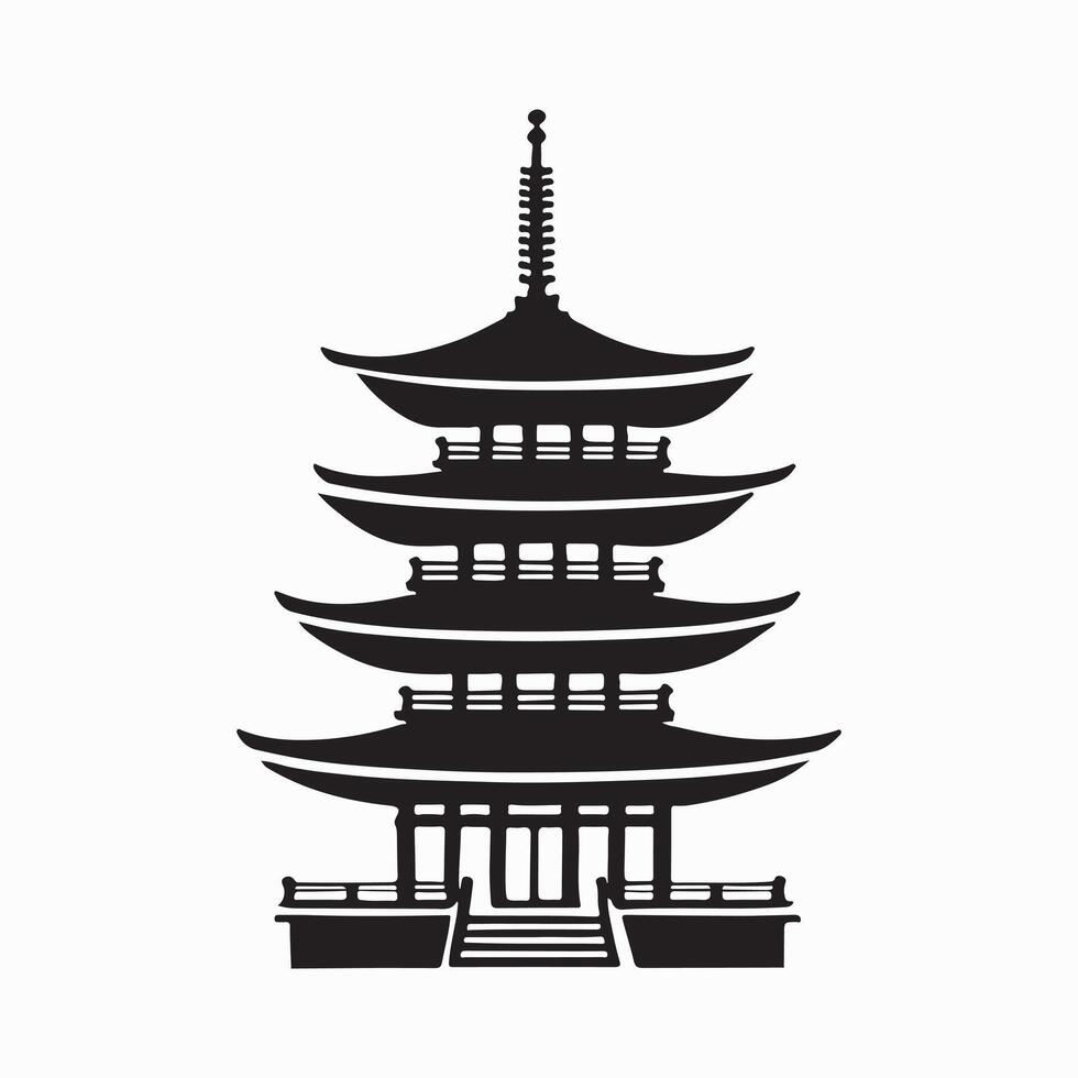Detailed Black Silhouette Japanese Pagoda Building Illustration vector