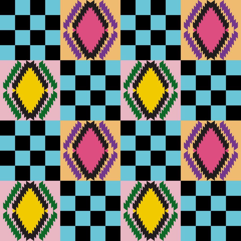 Tribal Checker Graphic Geometric Motif Retro Pattern For Textile Print Native Wallpaper. vector