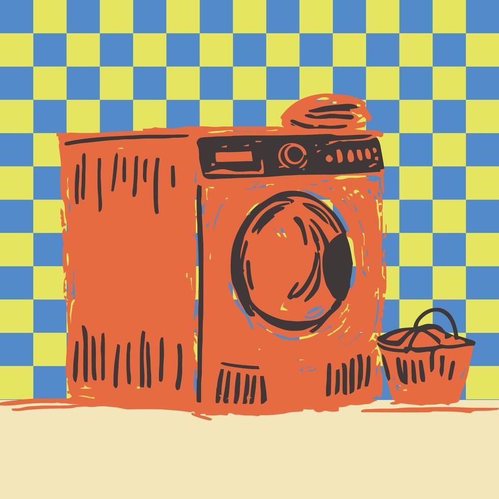 laundry washing machine illustration with checkered background in bold pop art hand drawn style vector