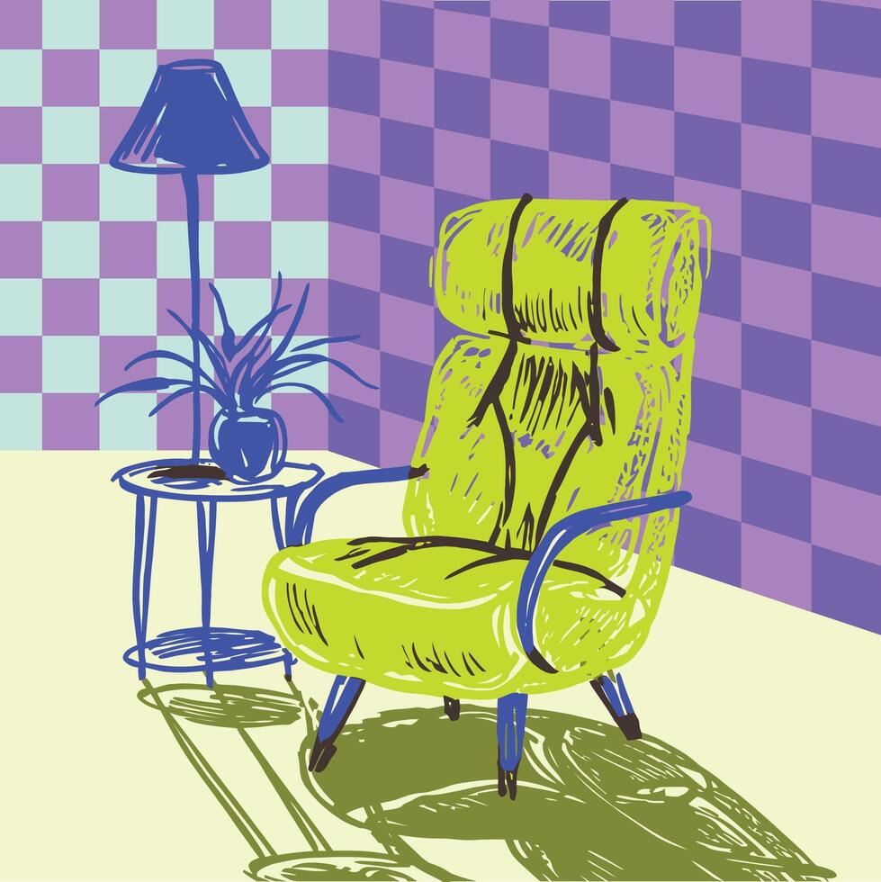 Arm chair with wall checkered wall background illustration with hand drawn and bold pop art style vector