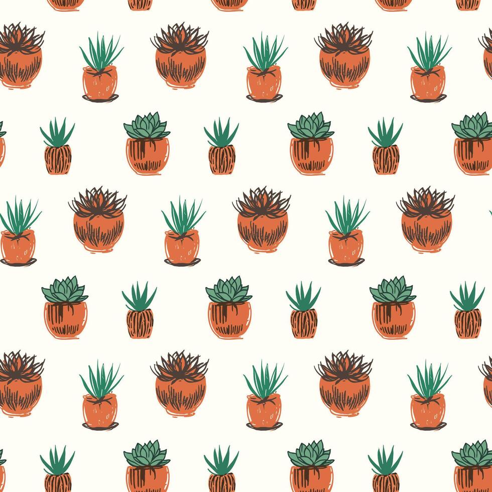 Seamless pattern of succulents plant in pot in hand drawn style vector