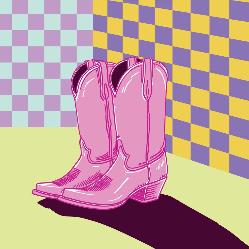 A pair of pink cowboy boots in checkered background vector