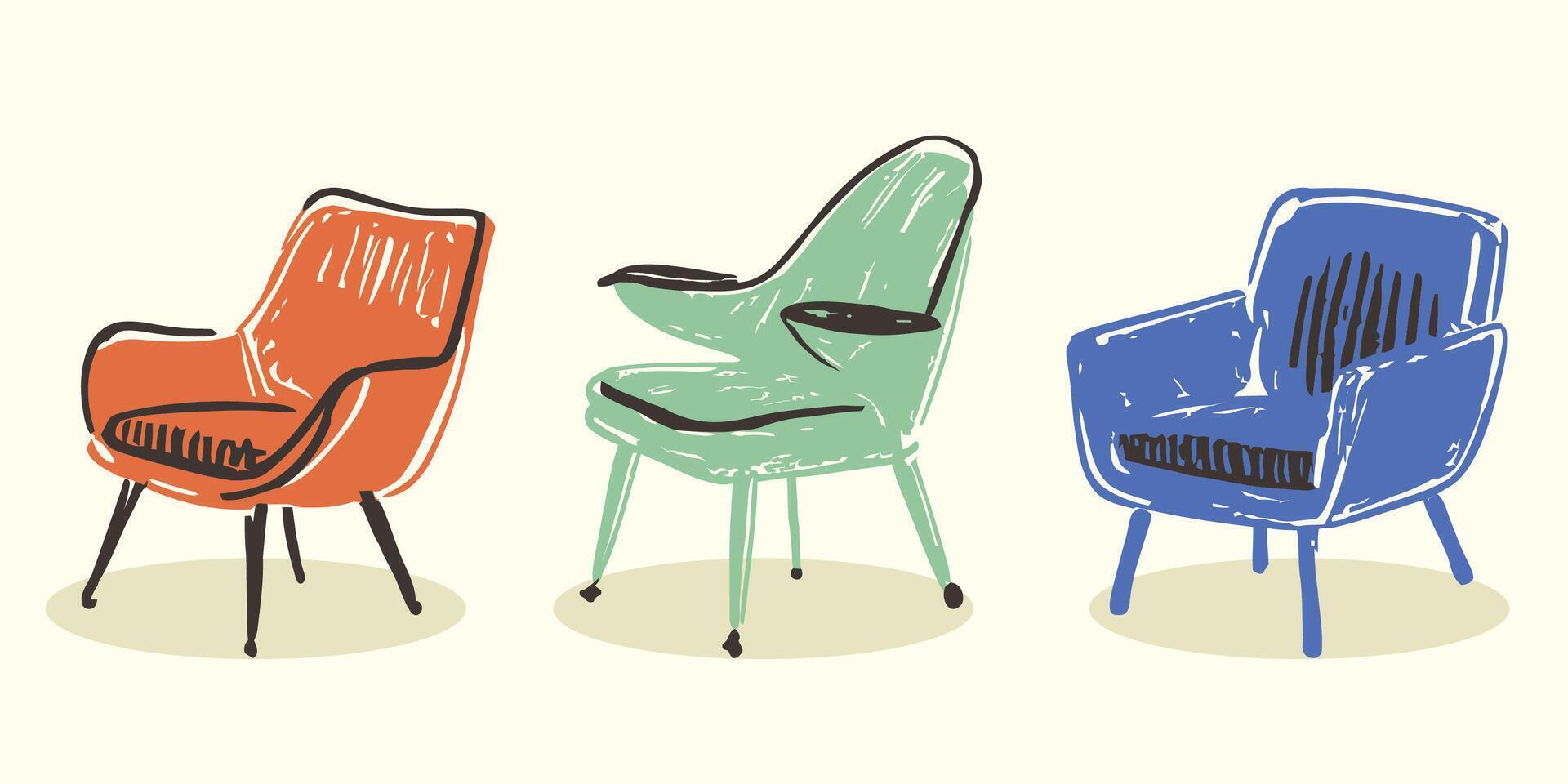 set of chairs illustration in colorful hand drawn style vector