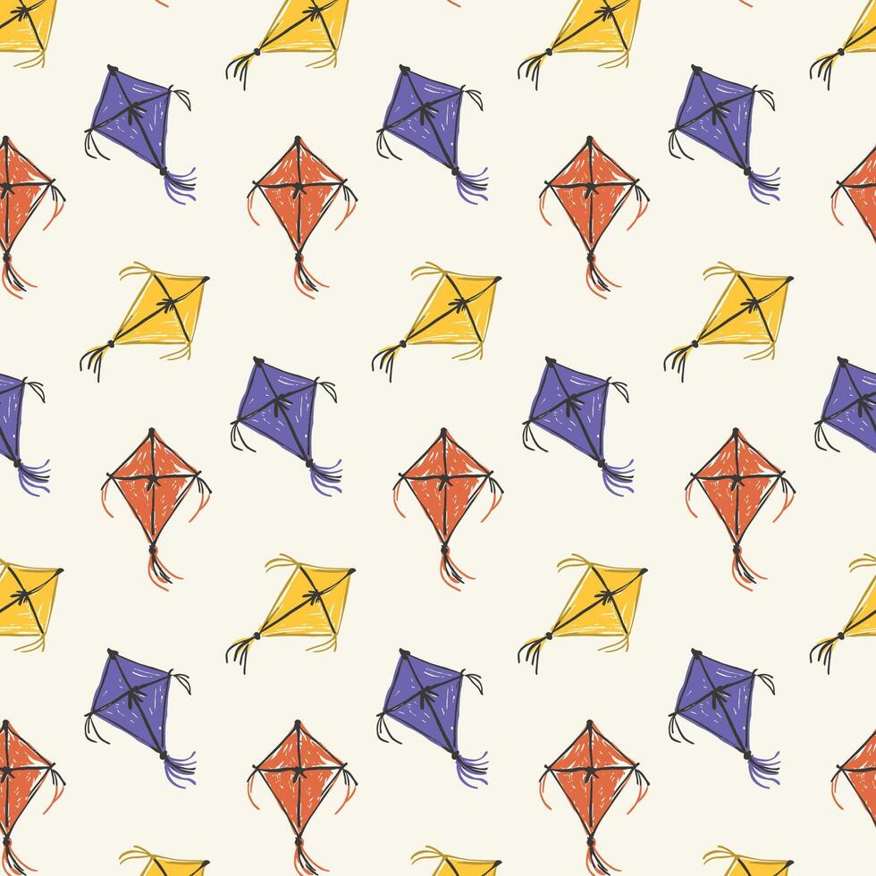Seamless pattern of kites with different colors and tails in hand drawn style vector