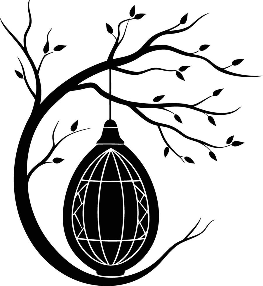 A black and white silhouette of a tree with a lantern hanging from it vector
