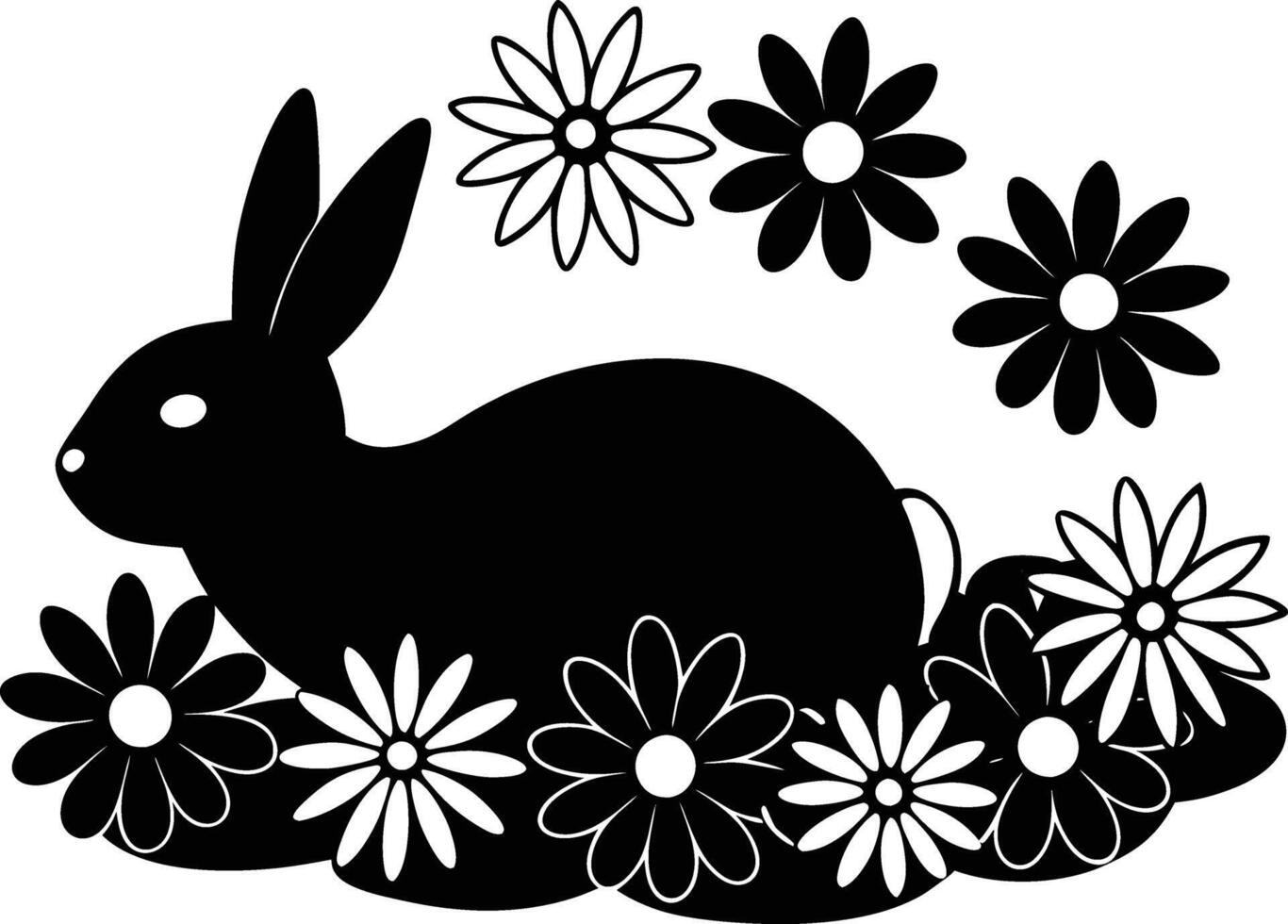 Black and white silhouette of a rabbit with flowers vector