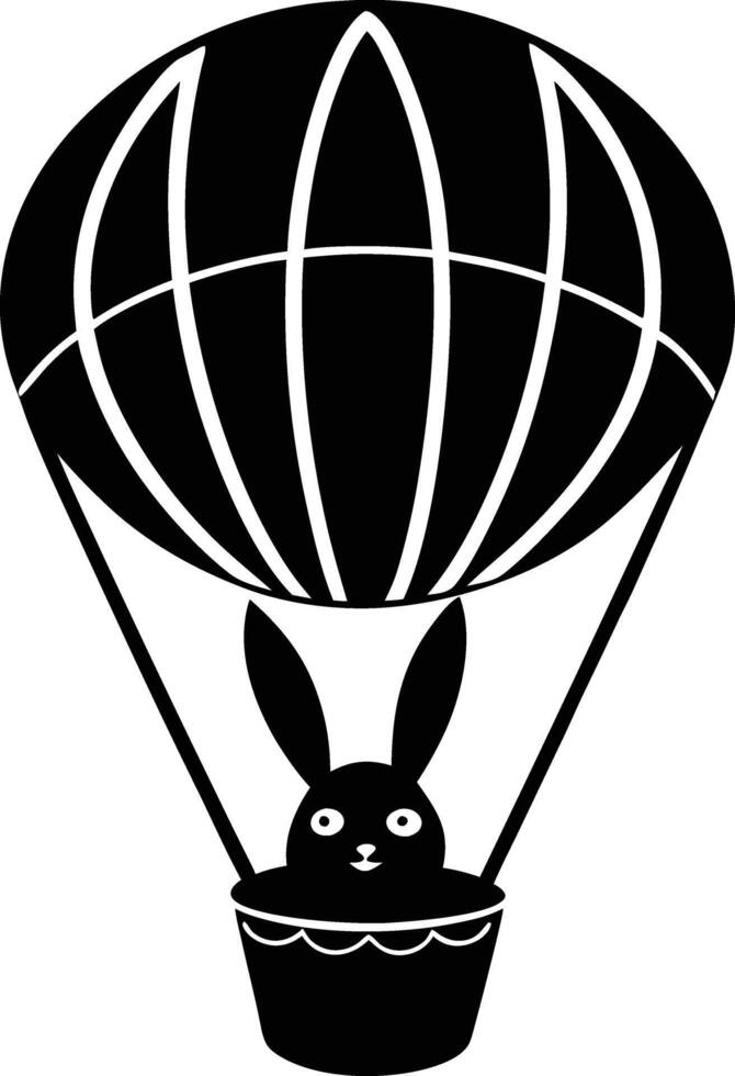 A black and white illustration of a rabbit in a hot air balloon vector
