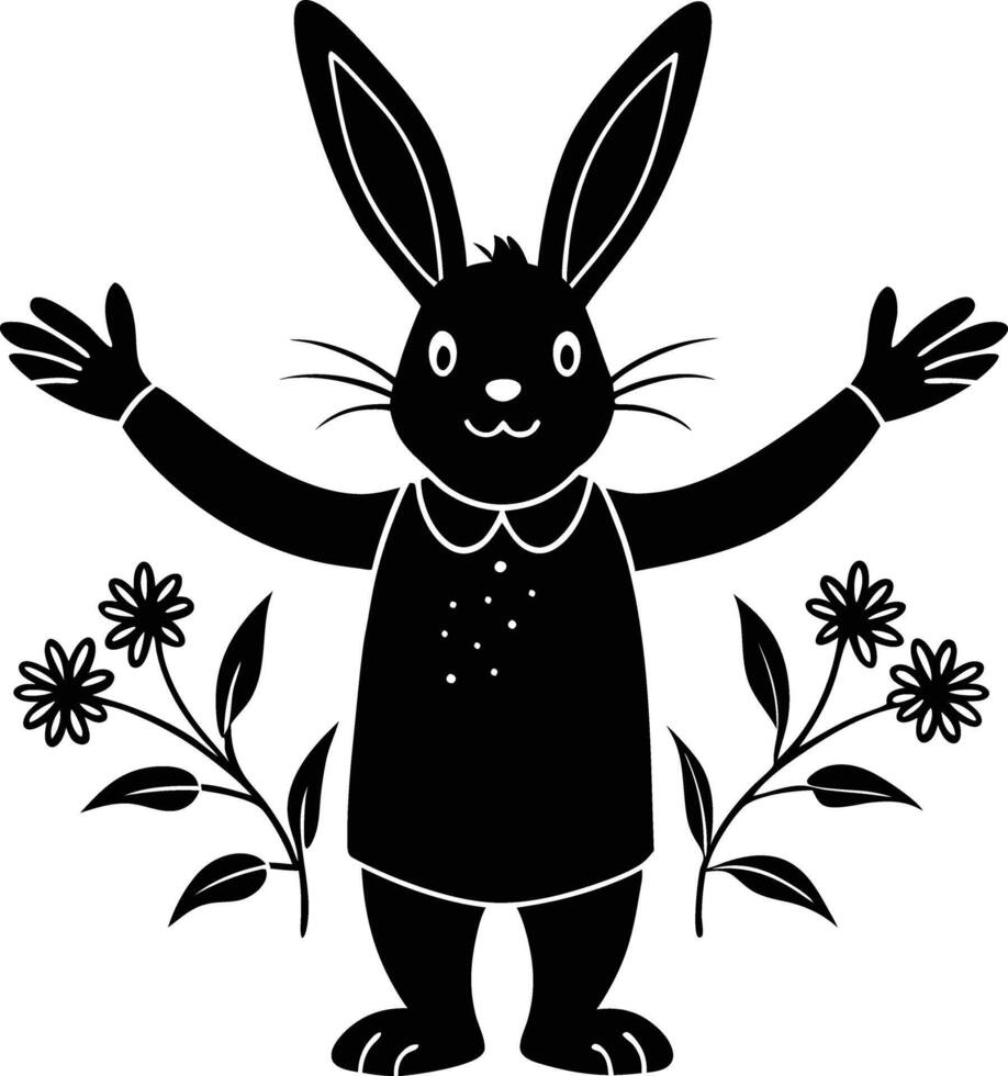 Black and white silhouette of a rabbit with flowers vector