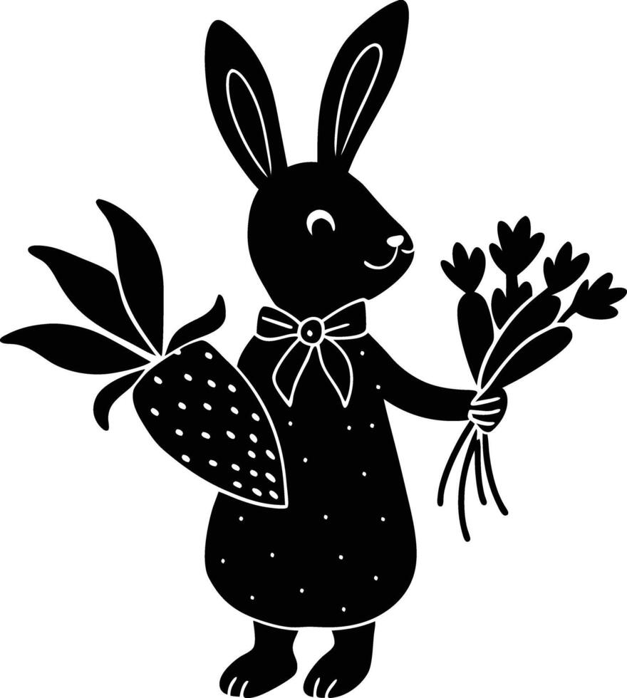 A black and white illustration of a rabbit holding flowers vector