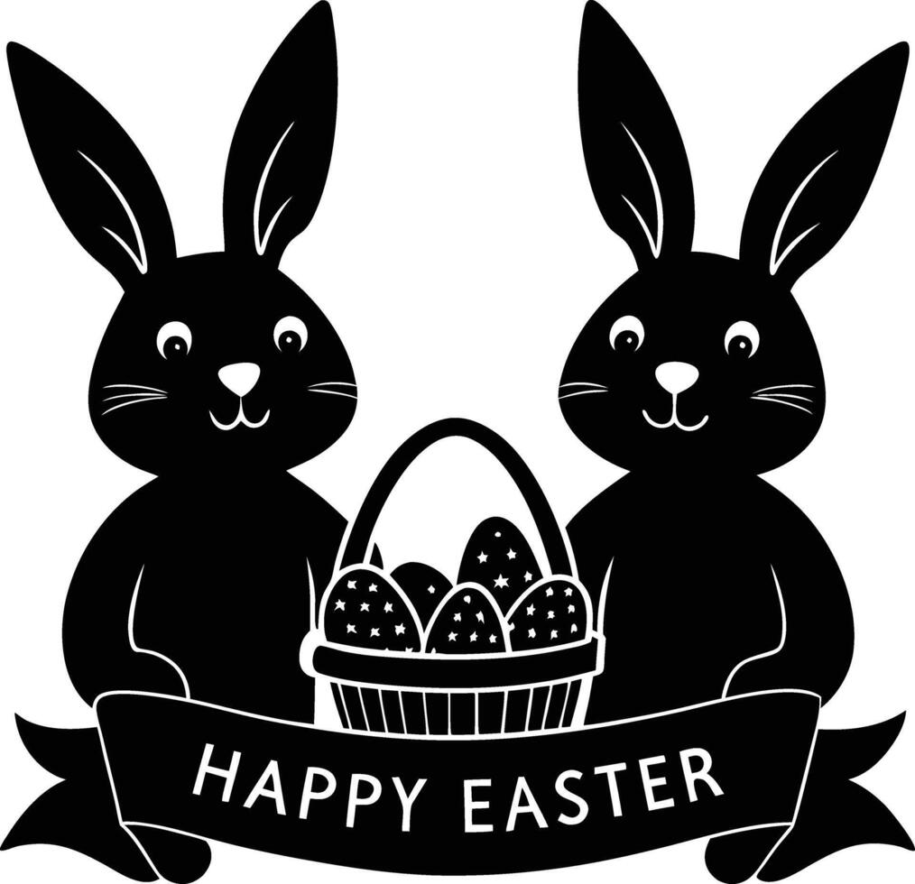 Two black rabbits with baskets of eggs and a ribbon vector