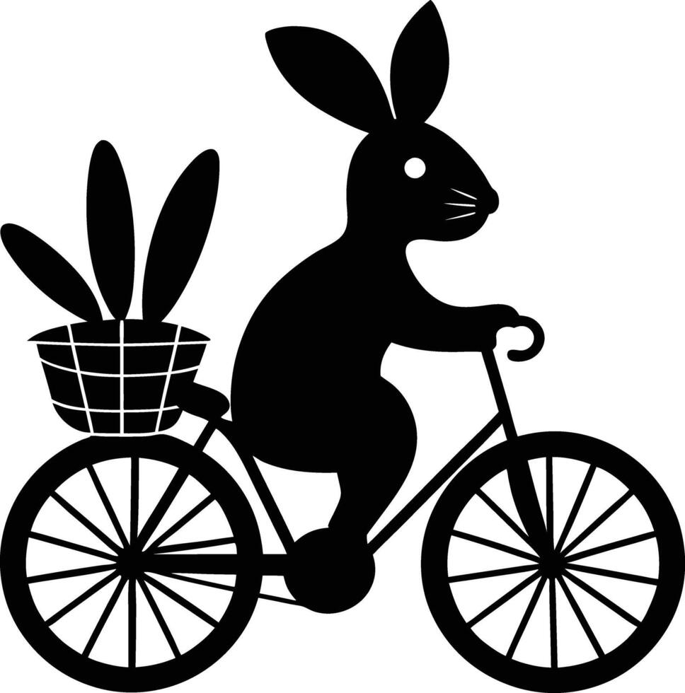 A black and white silhouette of a rabbit riding a bicycle vector