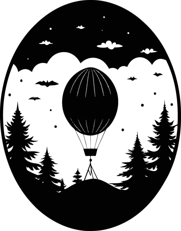 A black and white illustration of a hot air balloon flying over a forest vector