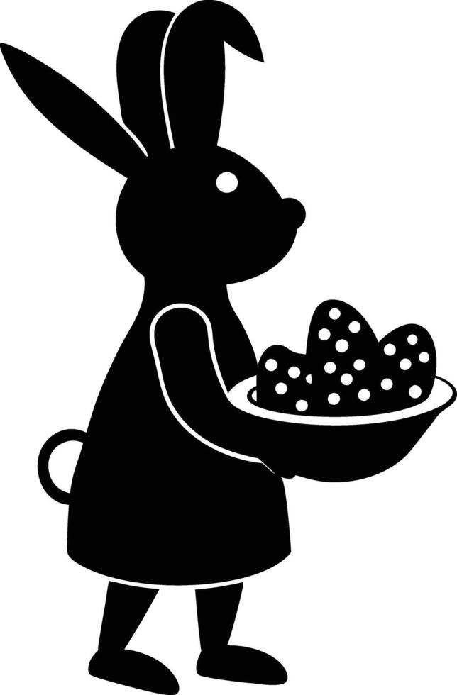 Black and white silhouette of a rabbit holding a plate with eggs vector