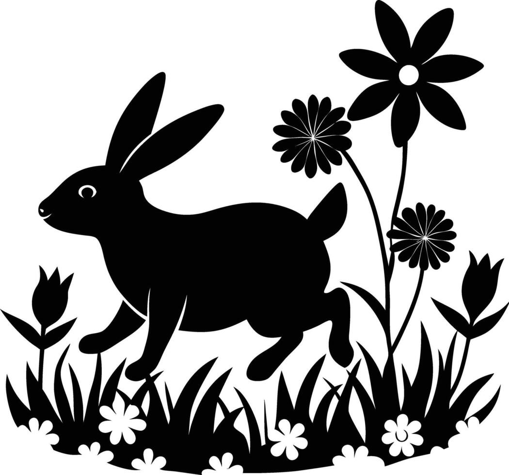 Black and white silhouette of a rabbit in the grass vector