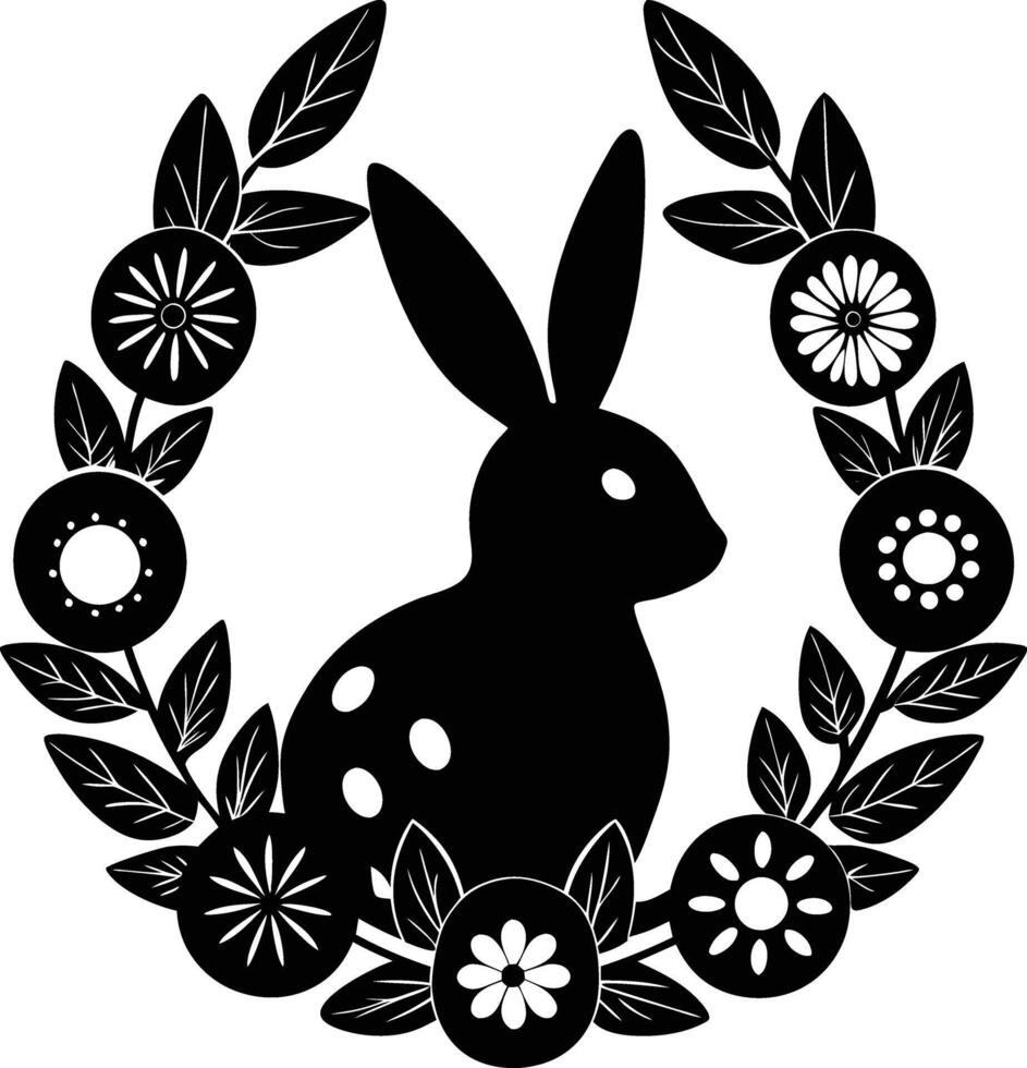 Black and white silhouette of a rabbit in a wreath vector