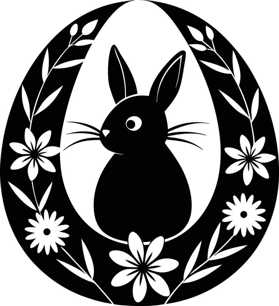 Black and white bunny in a wreath with flowers vector