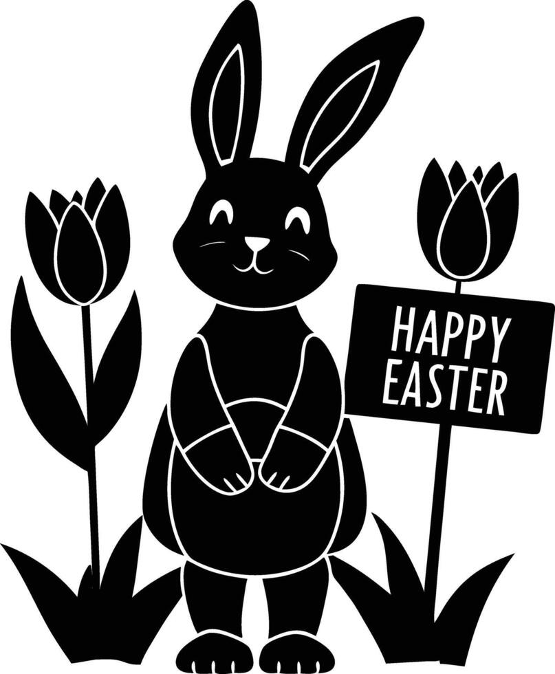 A black and white illustration of a bunny with a sign vector