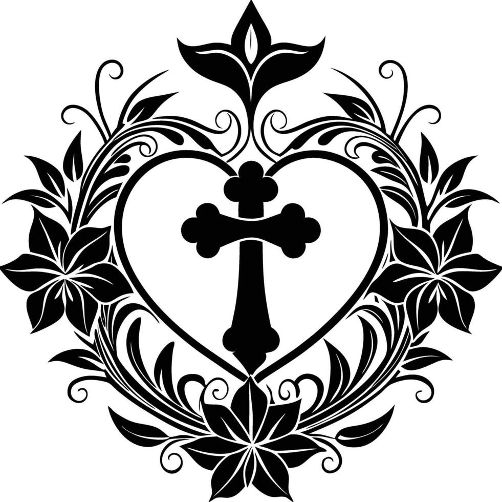 A heart with a cross and flowers in the middle vector