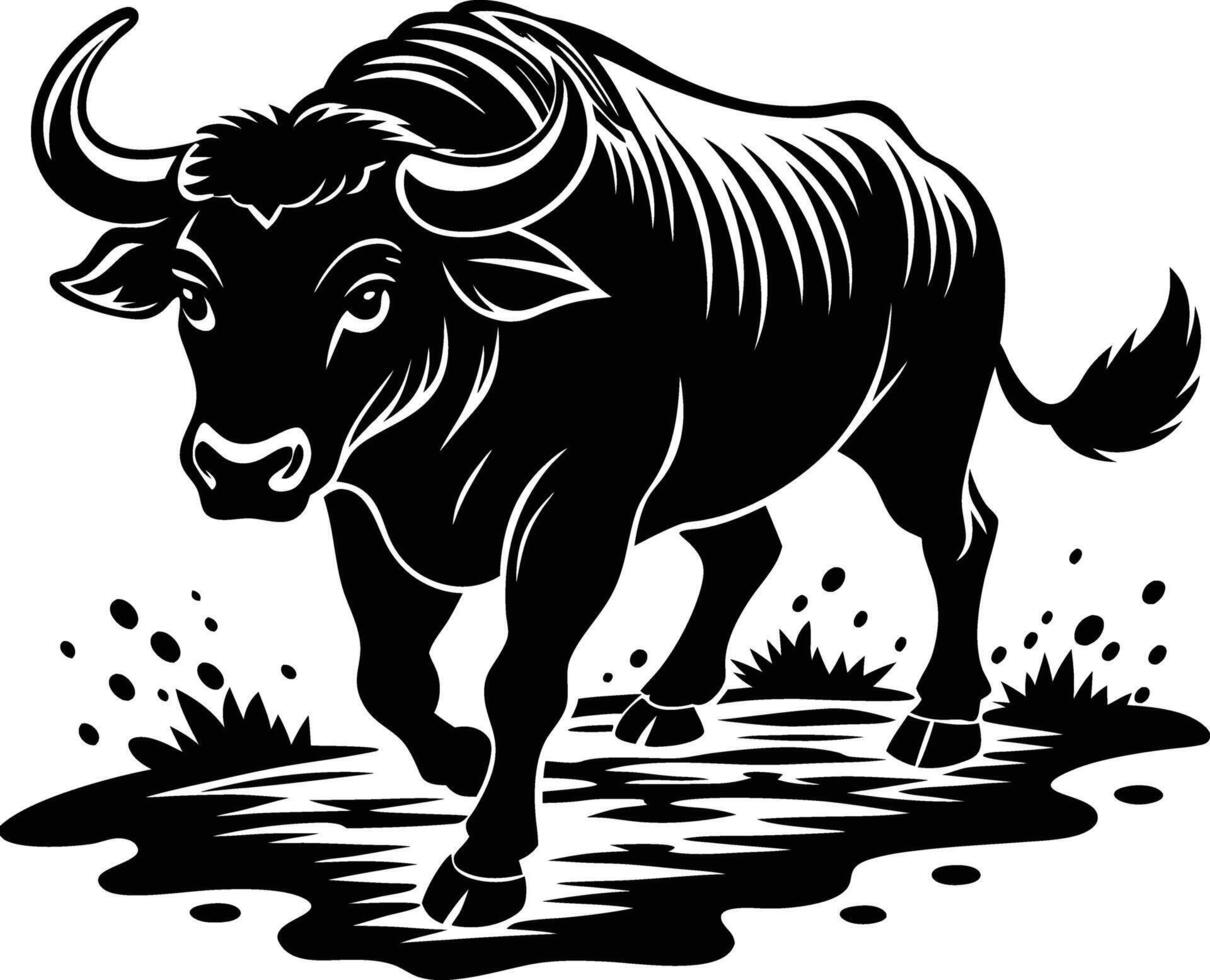 The bull is black and white and has a large horn vector