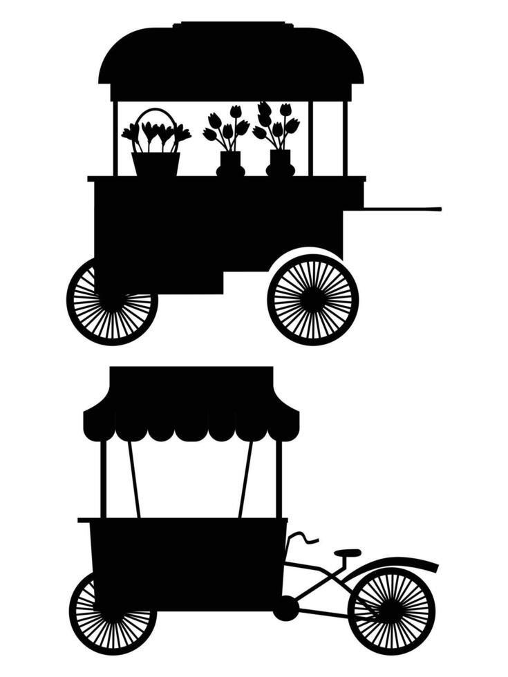 Silhouette of a Street Food Cart with Vendors and Customers vector