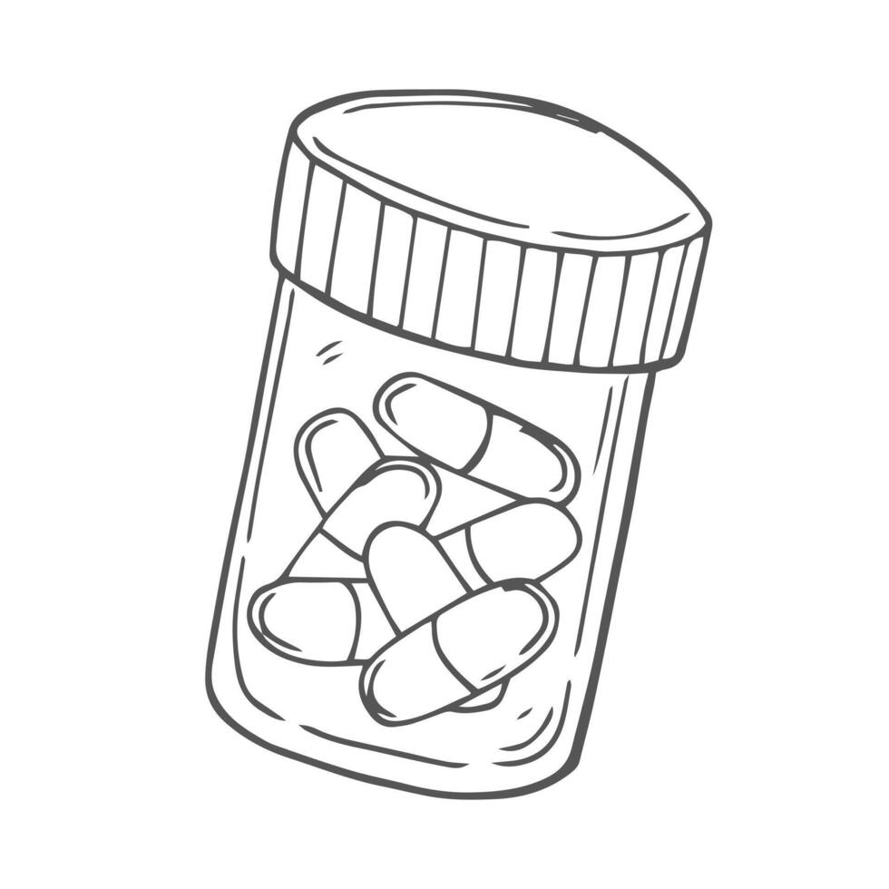 Hand drawn medicine pills, tablet, capsule and package bottle isolated on white background. Pills cartoon sketch vector