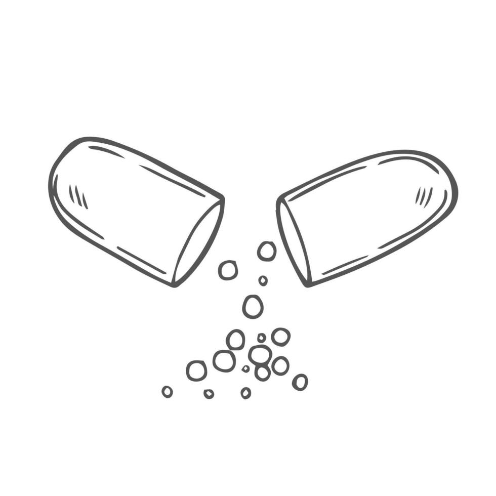 Opened capsule pill hand drawn outline doodle icon. Small balls pouring from an open medical capsule as drug and pharmacy concept. sketch illustration for print, web on white background. vector