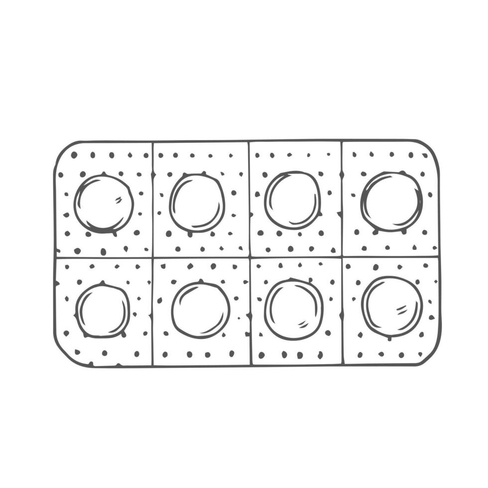 Blister with pills. illustration. Sketch. Contour on an isolated background. Doodle style. The drug is sold without a prescription. Dosage form for the treatment of the disease. Medical topics. vector