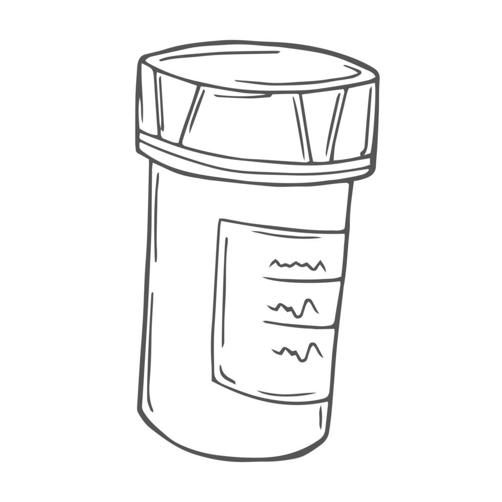 Hand drawn medicine pills, tablet, capsule and package bottle isolated on white background. Pills cartoon sketch vector