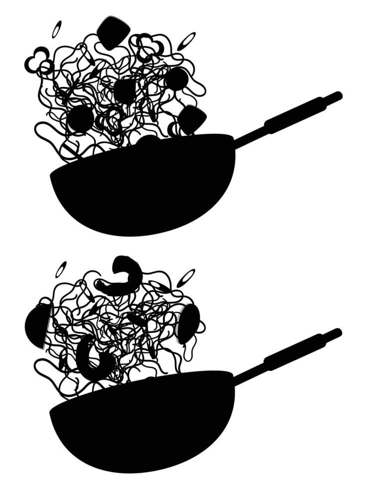 Silhouette of a Chef Cooking Chinese Noodles in a Wok vector