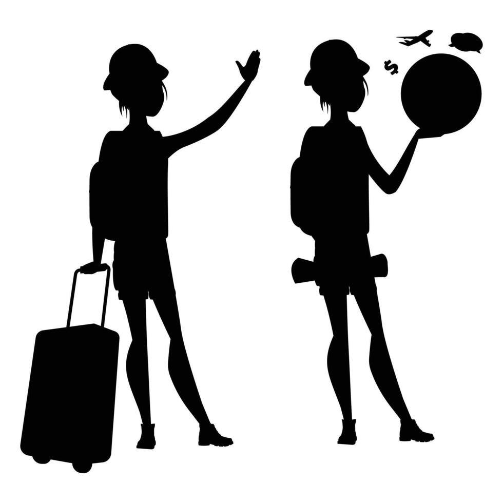 Silhouette of Female Travelers with Backpacks and Luggage vector