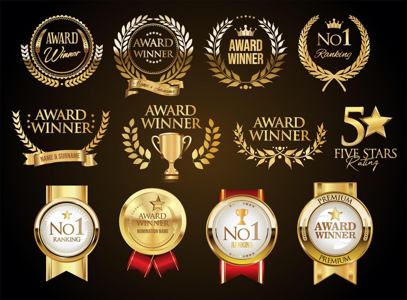 Award Golden luxury labels and badges premium quality certificate ribbons illustration vector