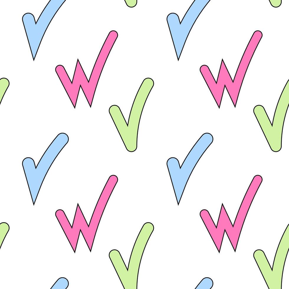 Seamless pattern with multicolored checkmarks in blue, green, and pink alongside stylized W-shapes on white. vector