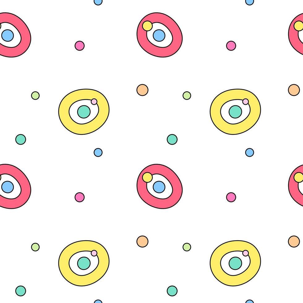 Playful seamless pattern featuring colorful circles, rings, and confetti dots on a white background, ideal for decorations, kids designs, and creative projects. vector