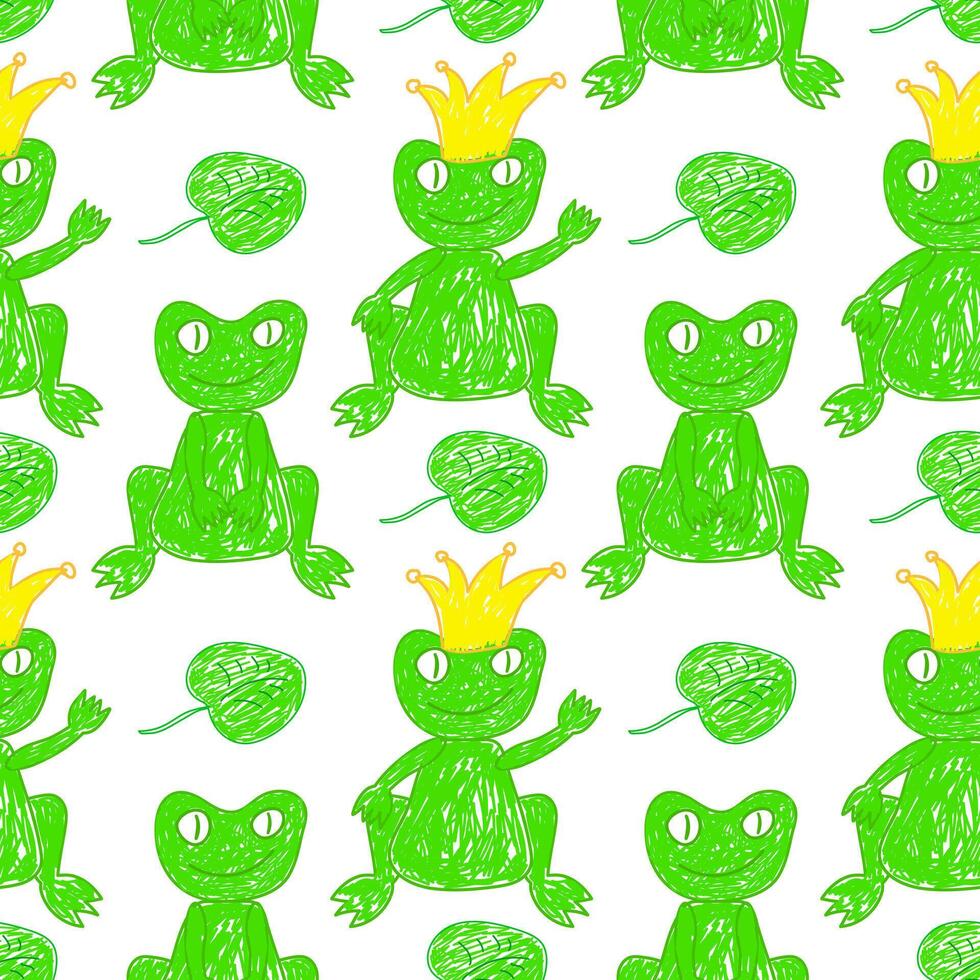 Playful seamless pattern featuring green frogs, some wearing crowns, with lily pads on a white background. vector