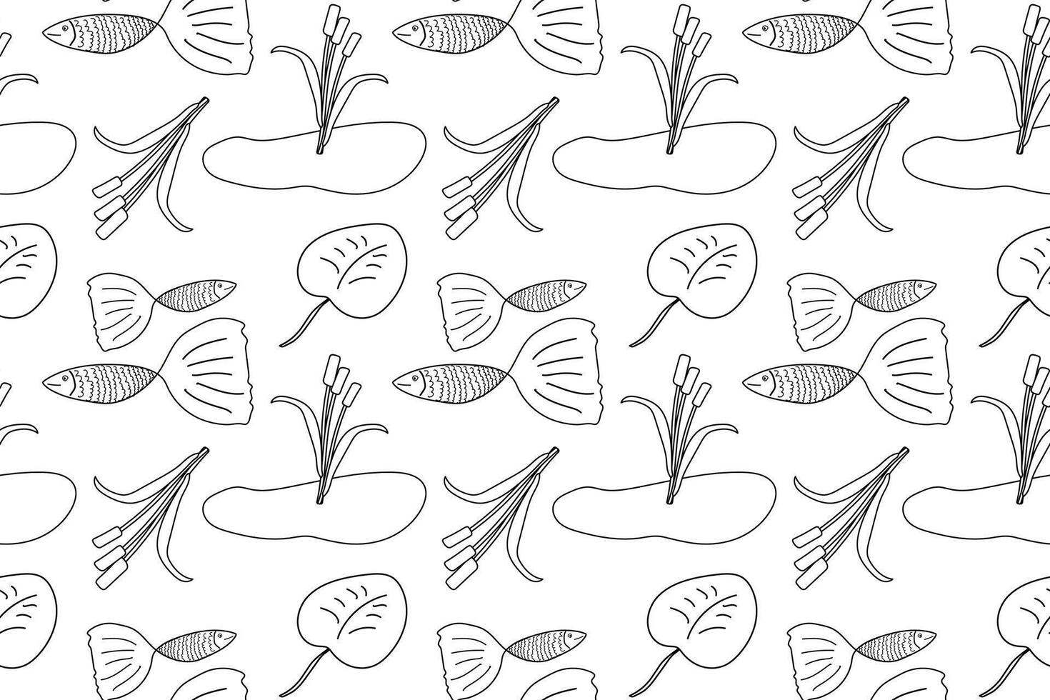 Black and white seamless pattern of a pond with fish, lily pads, and cattails, designed for kids to color and enjoy. vector
