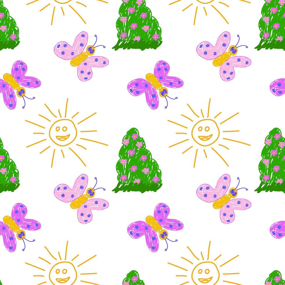 Playful seamless design featuring smiling suns, colorful butterflies, and blooming green bushes in a bright, cheerful style. vector